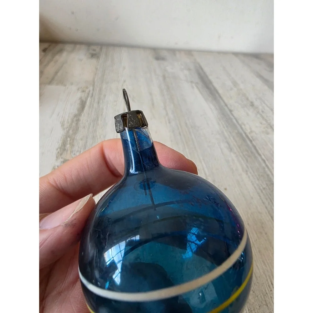 Vintage premier unsilvered blue striped glass ornament Xmas tree yellow white